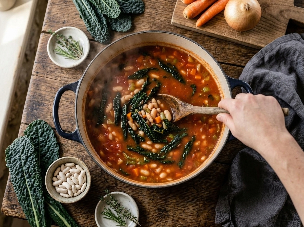 Cavolo nero being stirred into a thick cannellini bean broth in a large pot on the stove