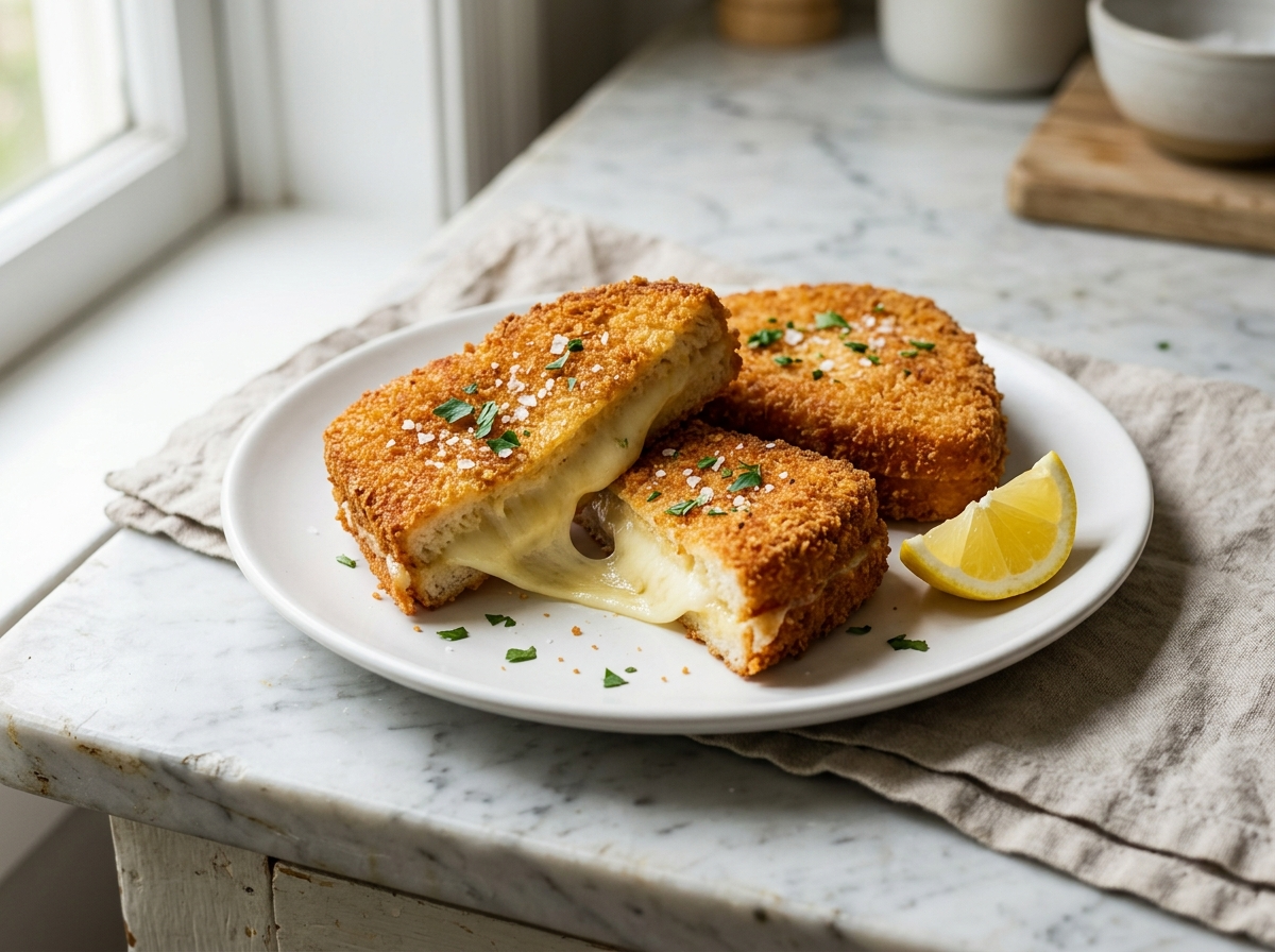 Two golden mozzarella in carrozza sandwiches on a white plate, one sliced open showing melted mozzarella, lemon wedge alongside