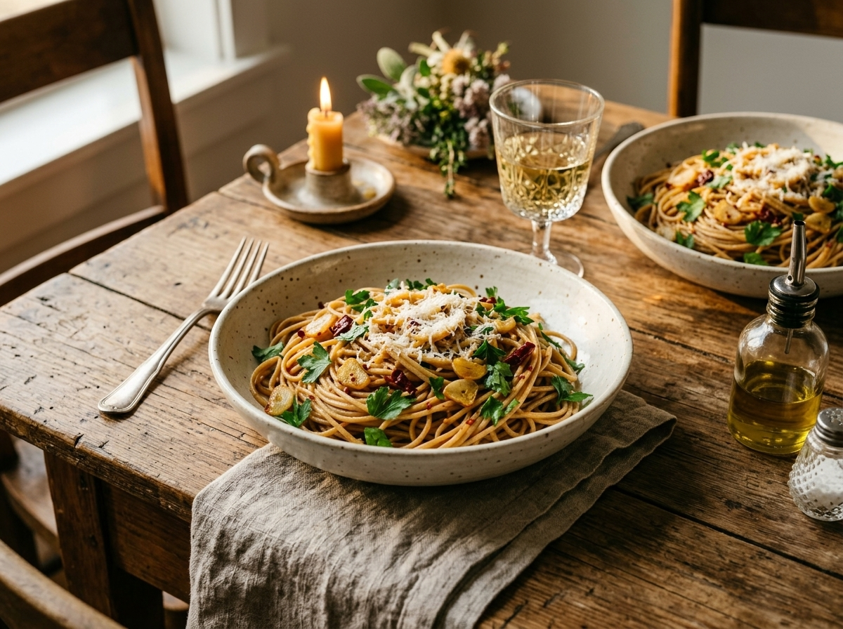 Two bowls of whole wheat spaghetti with garlic and parsley on a wooden table with a glass of white wine