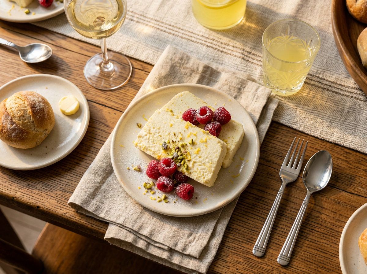 Single slice of Italian lemon semifreddo on a white plate with berry compote and a glass of limoncello