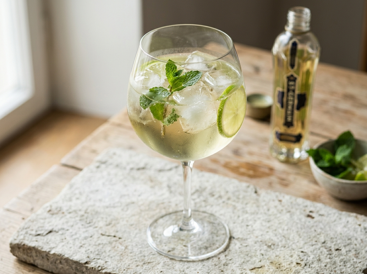 Hugo Spritz in a large balloon wine glass with ice, fresh mint sprigs, and lime slices on a stone surface