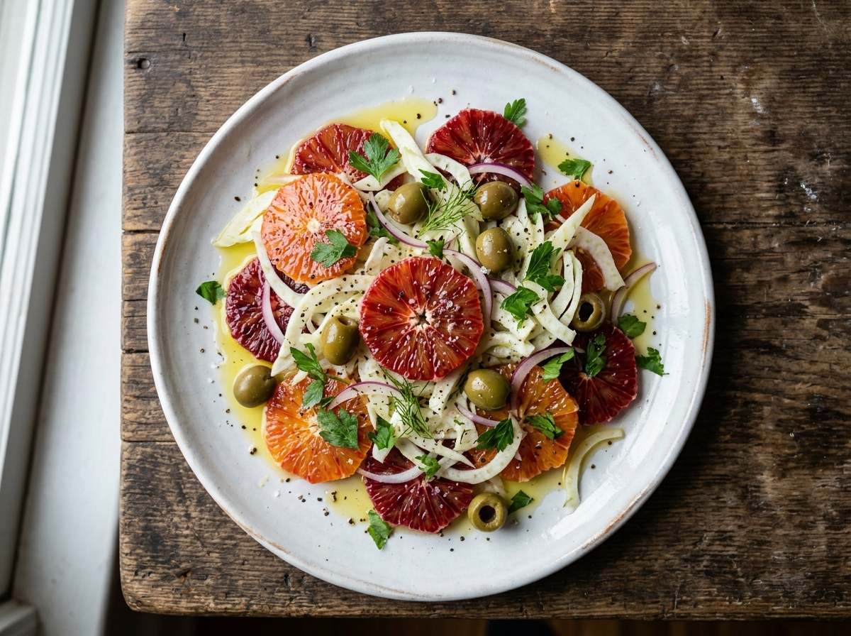 Sicilian orange and fennel salad with blood orange rounds, shaved fennel, green olives, and parsley on a white plate