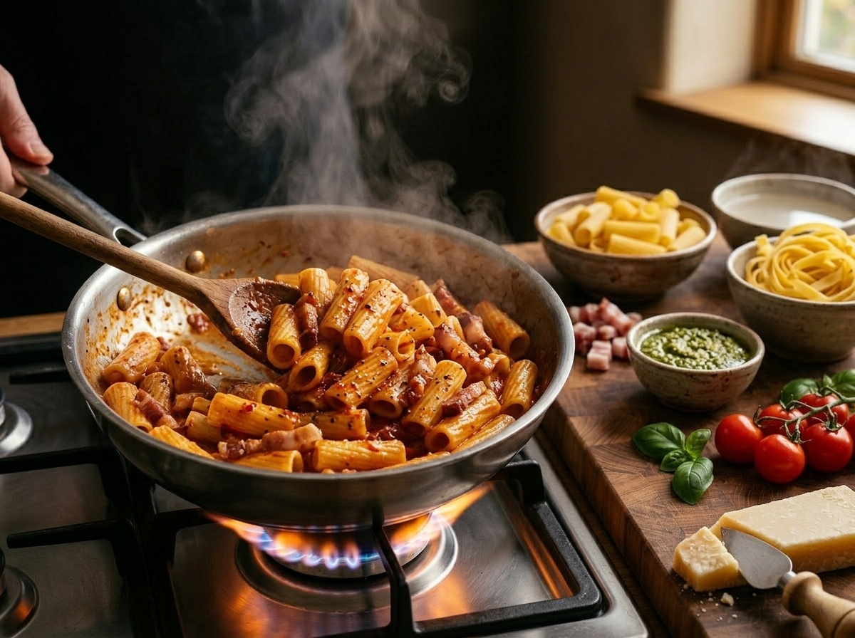 Rigatoni amatriciana being tossed with guanciale in a stainless skillet over a gas burner, sauce glossy and steaming.