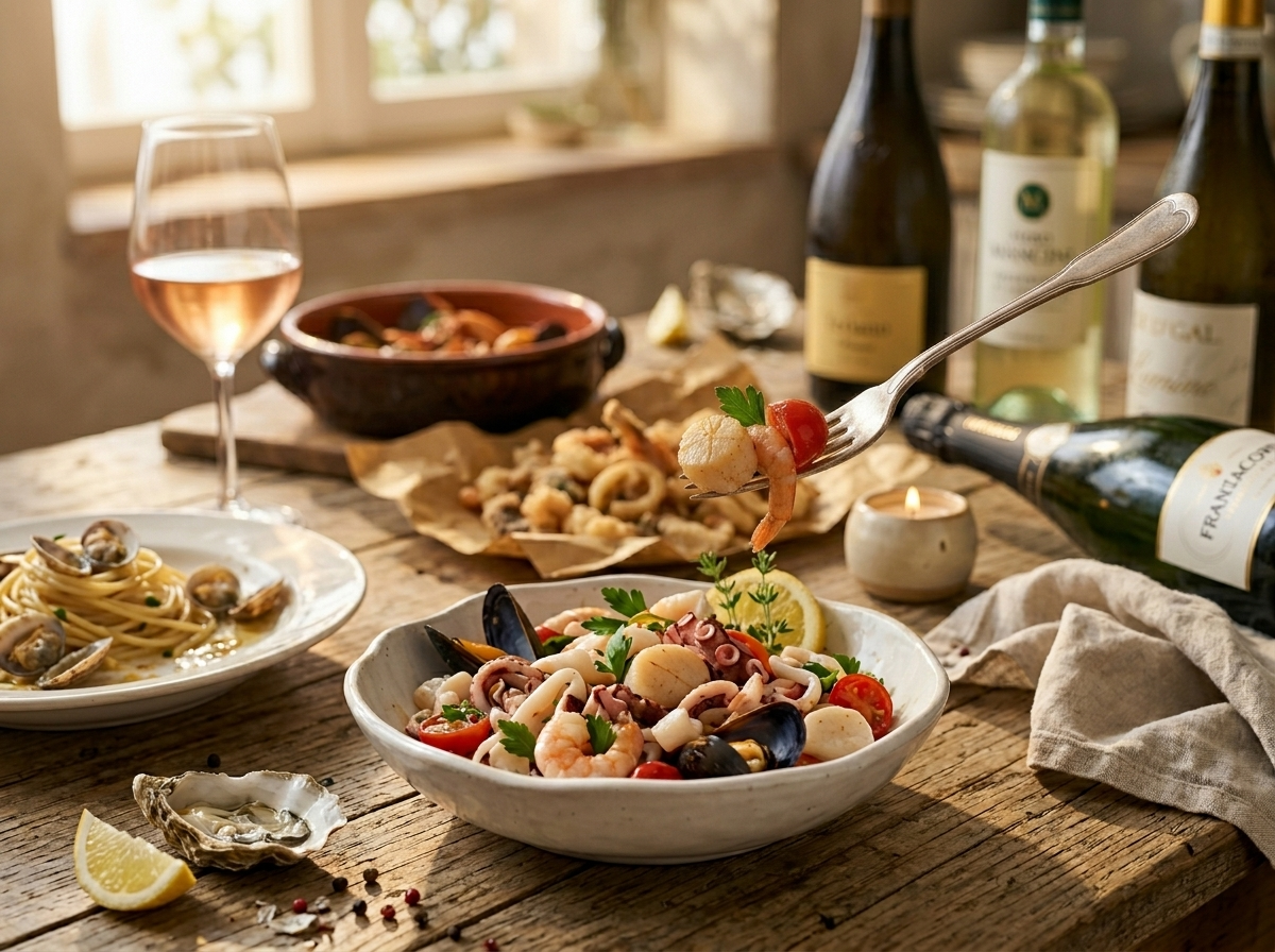 Italian seafood feast table with brodetto, fritto misto, vongole pasta, and a glass of Cerasuolo rosé in warm afternoon light.