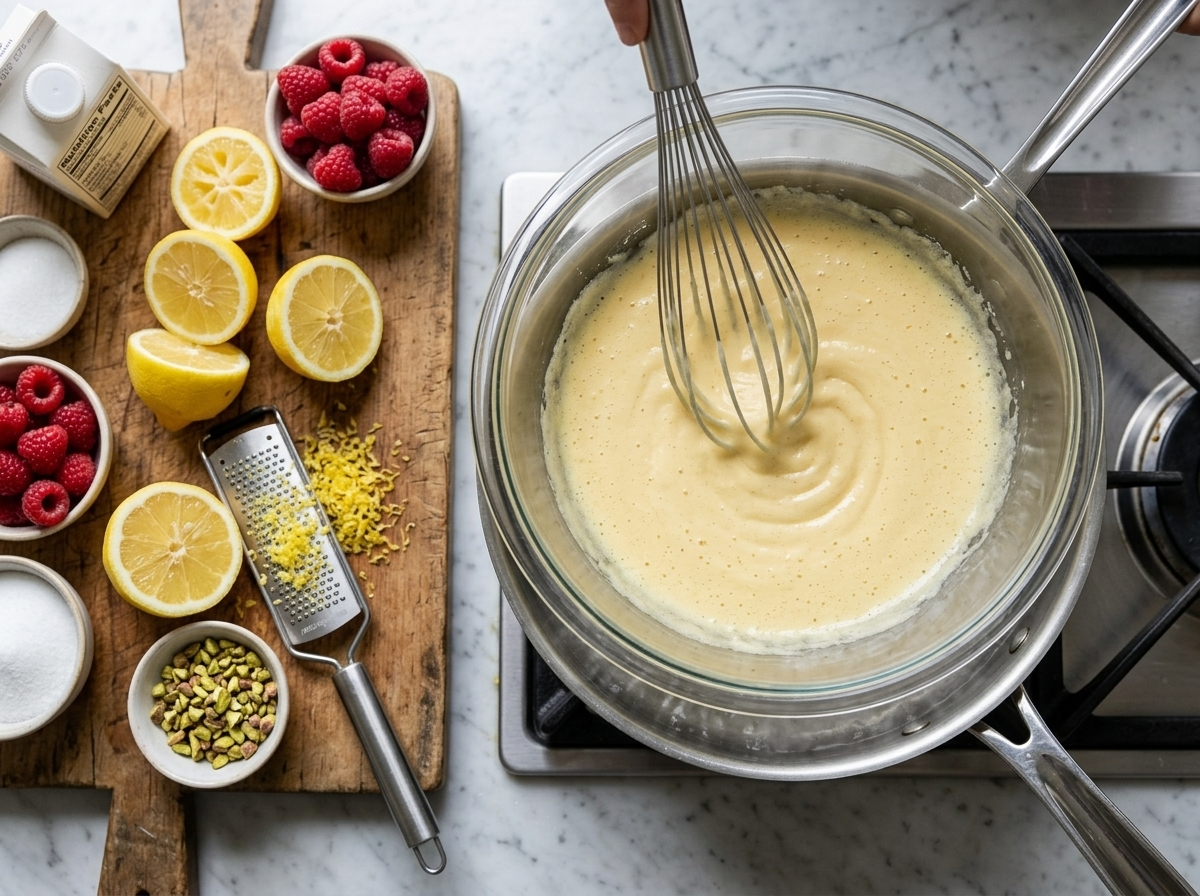 Whisking lemon zabaione over a bain-marie with halved lemons and zest on a wooden board nearby