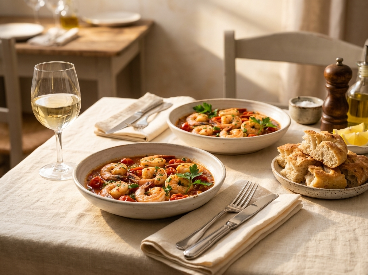 Two bowls of Italian braised shrimp in tomato-wine broth served with white wine and torn bread