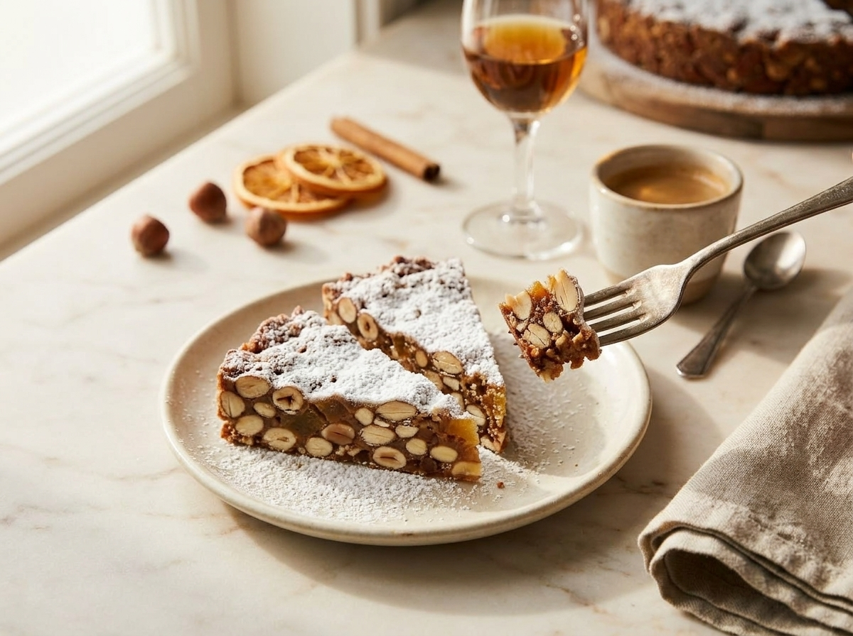 Three thin wedges of panforte Sienese on a ceramic plate beside an espresso cup and a glass of Vin Santo