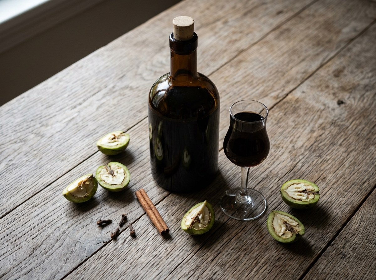 Dark bottle of homemade Nocino walnut liqueur next to a small cordial glass, green walnuts and cinnamon on oak table