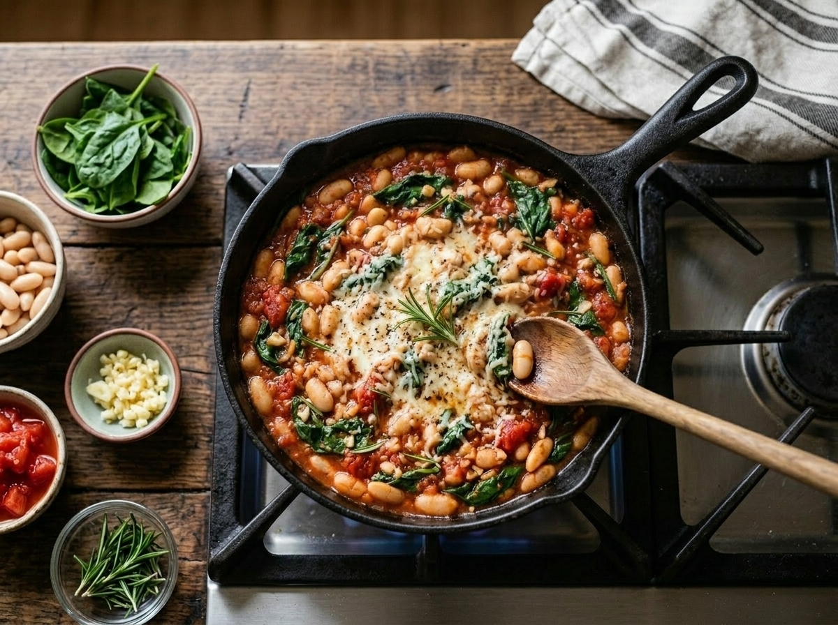 Wooden spoon pressing cannellini beans into tomato sauce in a cast-iron skillet to thicken the base