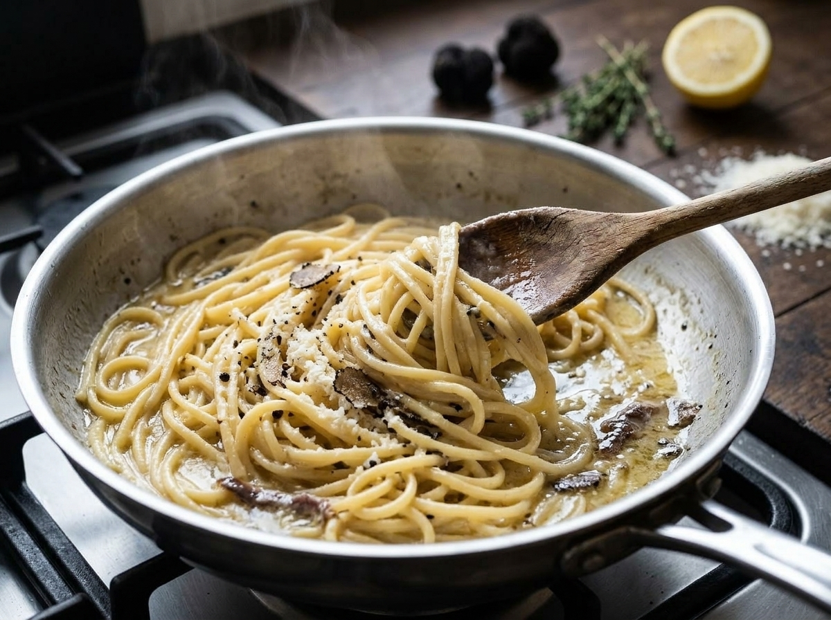 Tonnarelli pasta being tossed in a butter and anchovy sauce in a wide skillet over low heat
