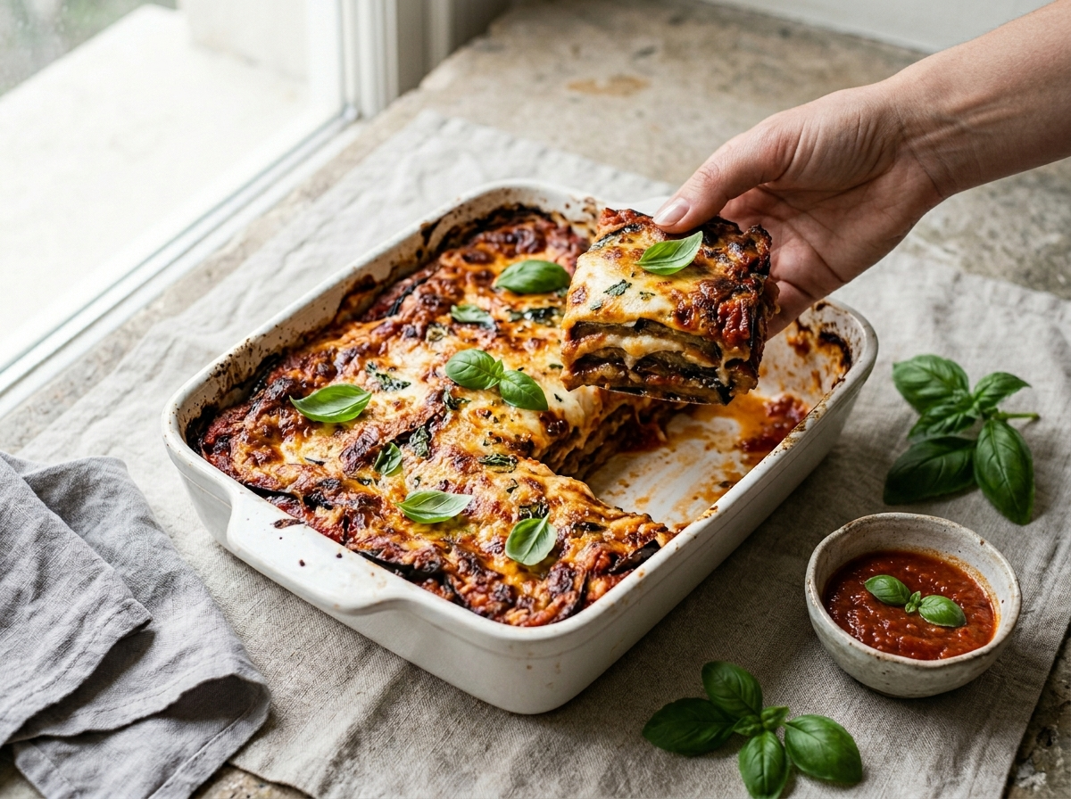 Parmigiana di melanzane in a white ceramic dish with one slice lifted to show golden eggplant and mozzarella layers
