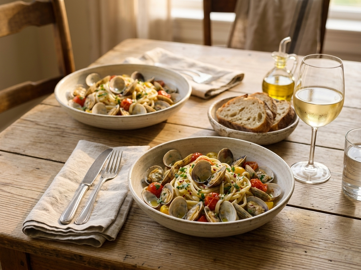 Two bowls of scialatielli alle vongole on a wooden table with white wine and crusty bread