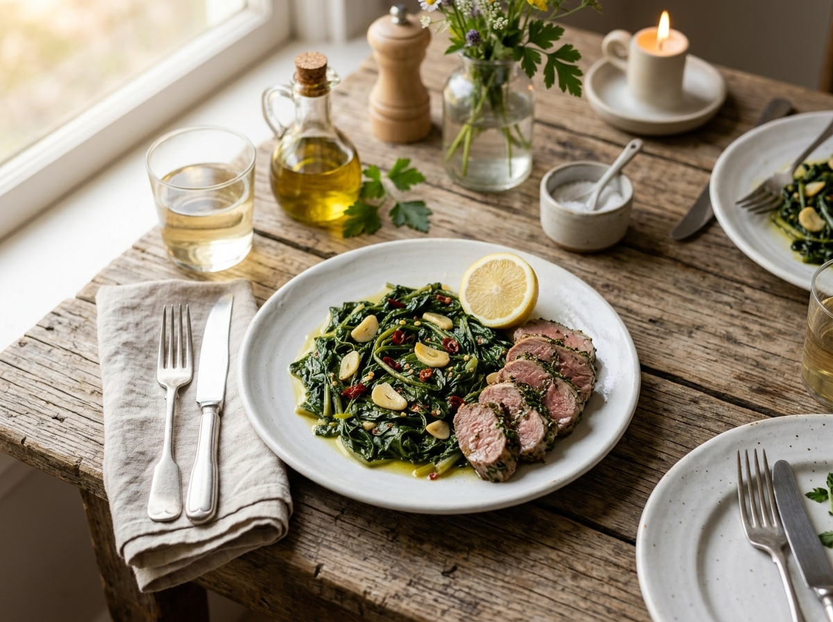 Plate of Roman sautéed chicory with garlic beside sliced roast lamb and a glass of white wine