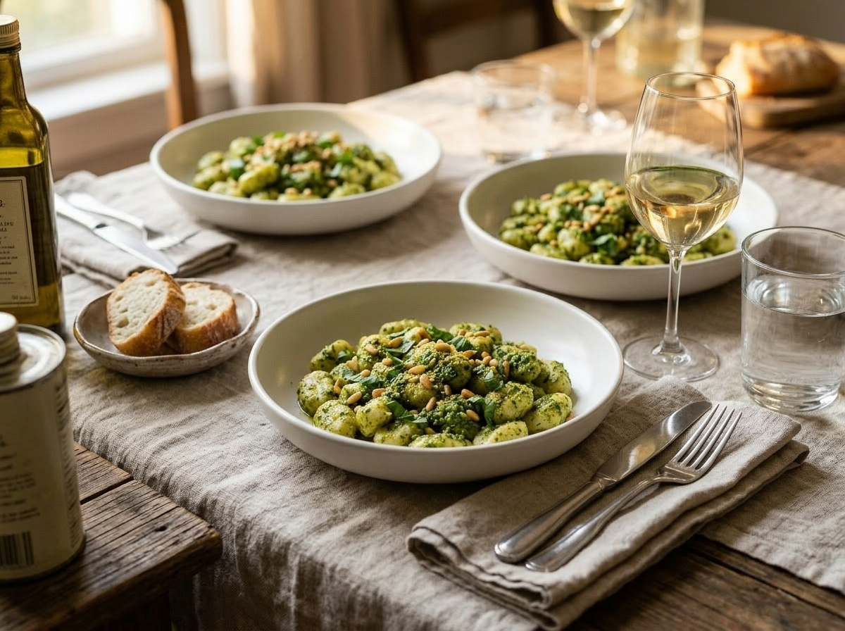 Two bowls of Italian-style vegan pesto gnocchi with white wine and olive oil on a linen table