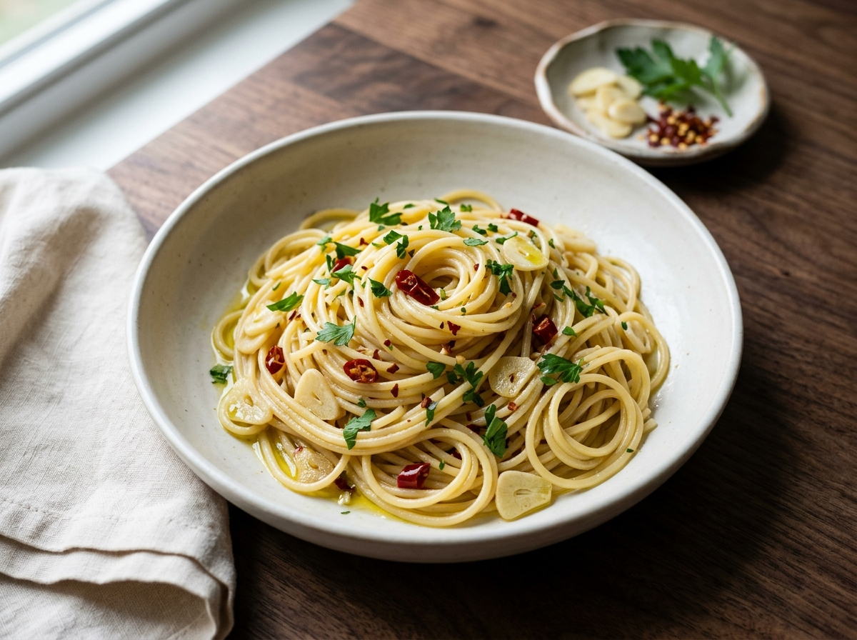 Spaghetti aglio olio e peperoncino in a white bowl with golden garlic slices, chili flakes, and fresh parsley