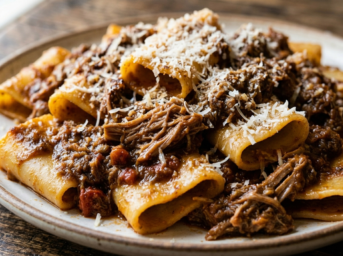 Paccheri al ragù napoletano in a white bowl with deep red pork tomato sauce and grated pecorino on top