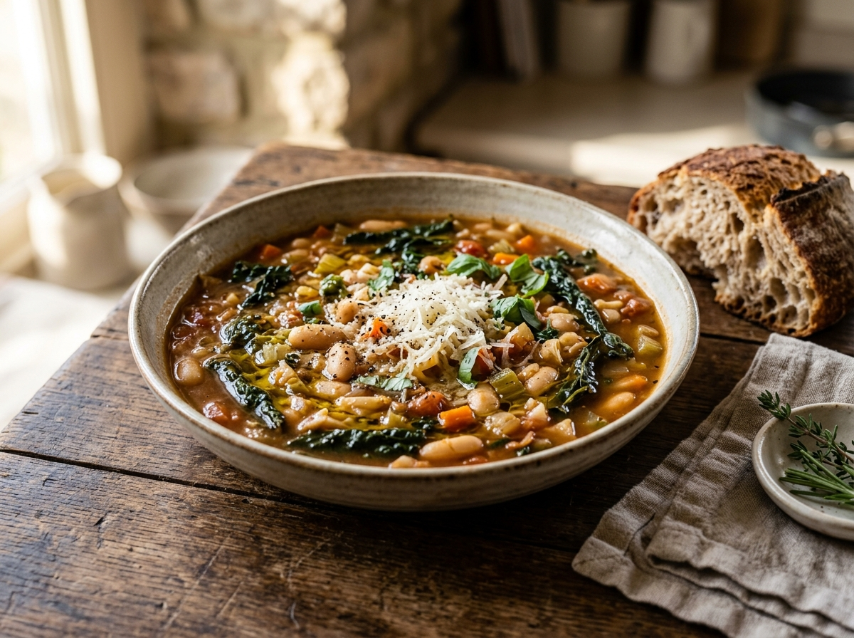 Bowl of winter minestrone soup with cannellini beans, cavolo nero, and olive oil drizzle on a wooden table