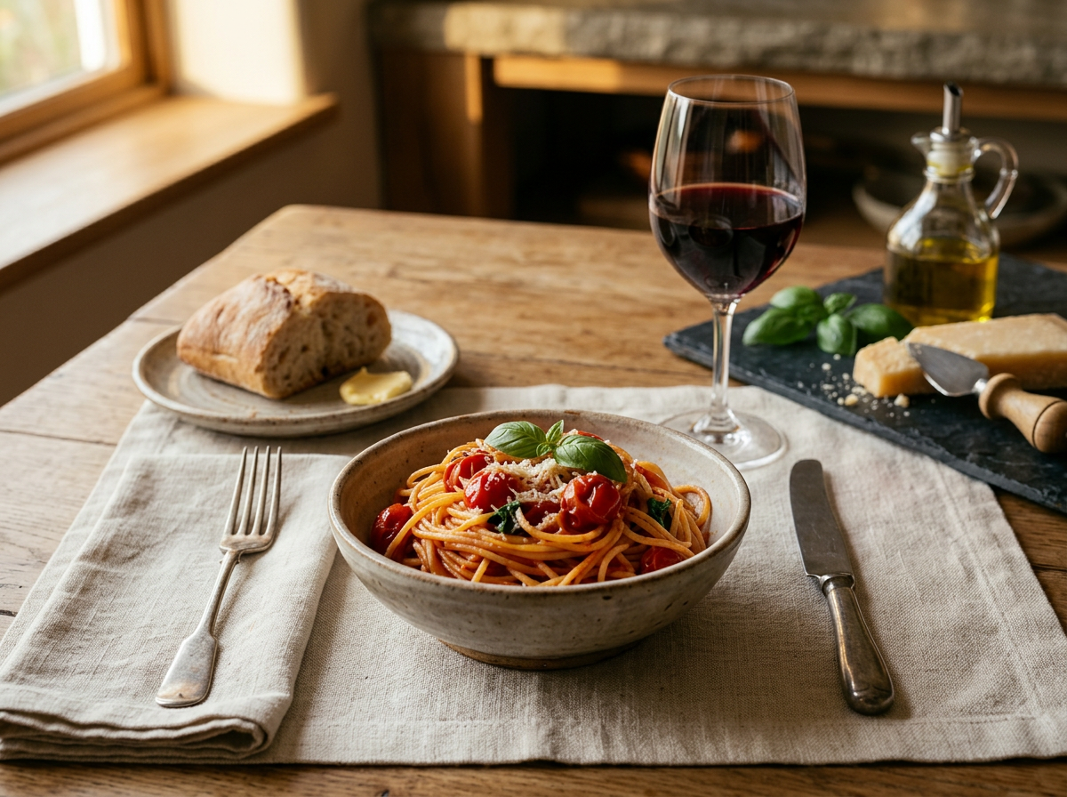 Bowl of spaghetti al pomodoro with basil beside a glass of Chianti Classico on a linen-covered dining table.