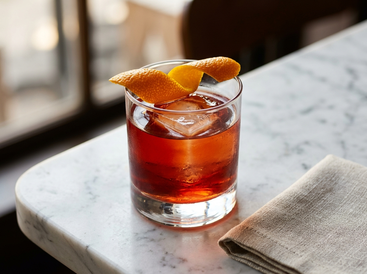 Negroni classico in a rocks glass with large ice cube, orange peel garnish, and deep red Campari color on marble