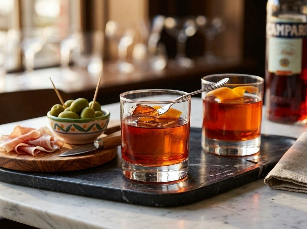 Two Negroni classico cocktails on a tray with olives and prosciutto for an Italian aperitivo spread