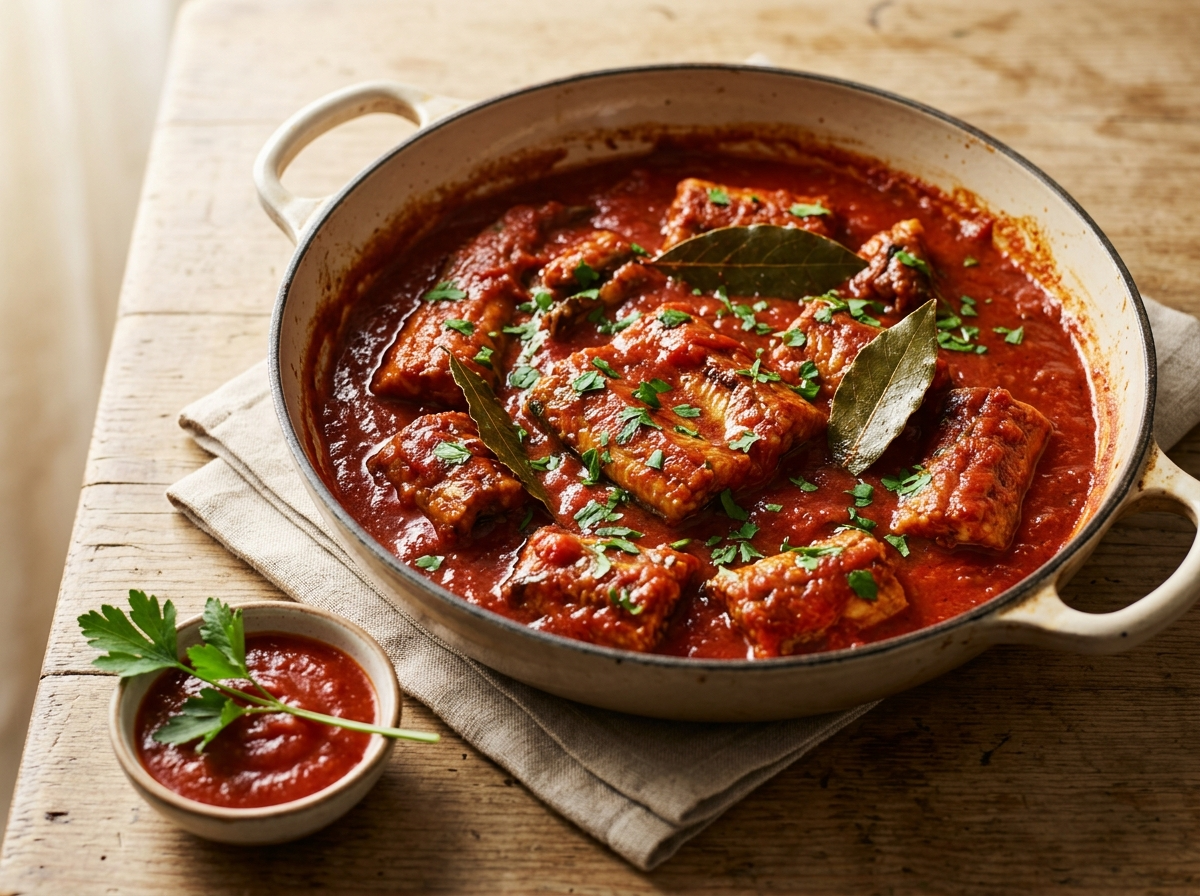 Anguilla in umido in an enameled braiser, eel pieces in thick tomato sauce with parsley and bay leaf