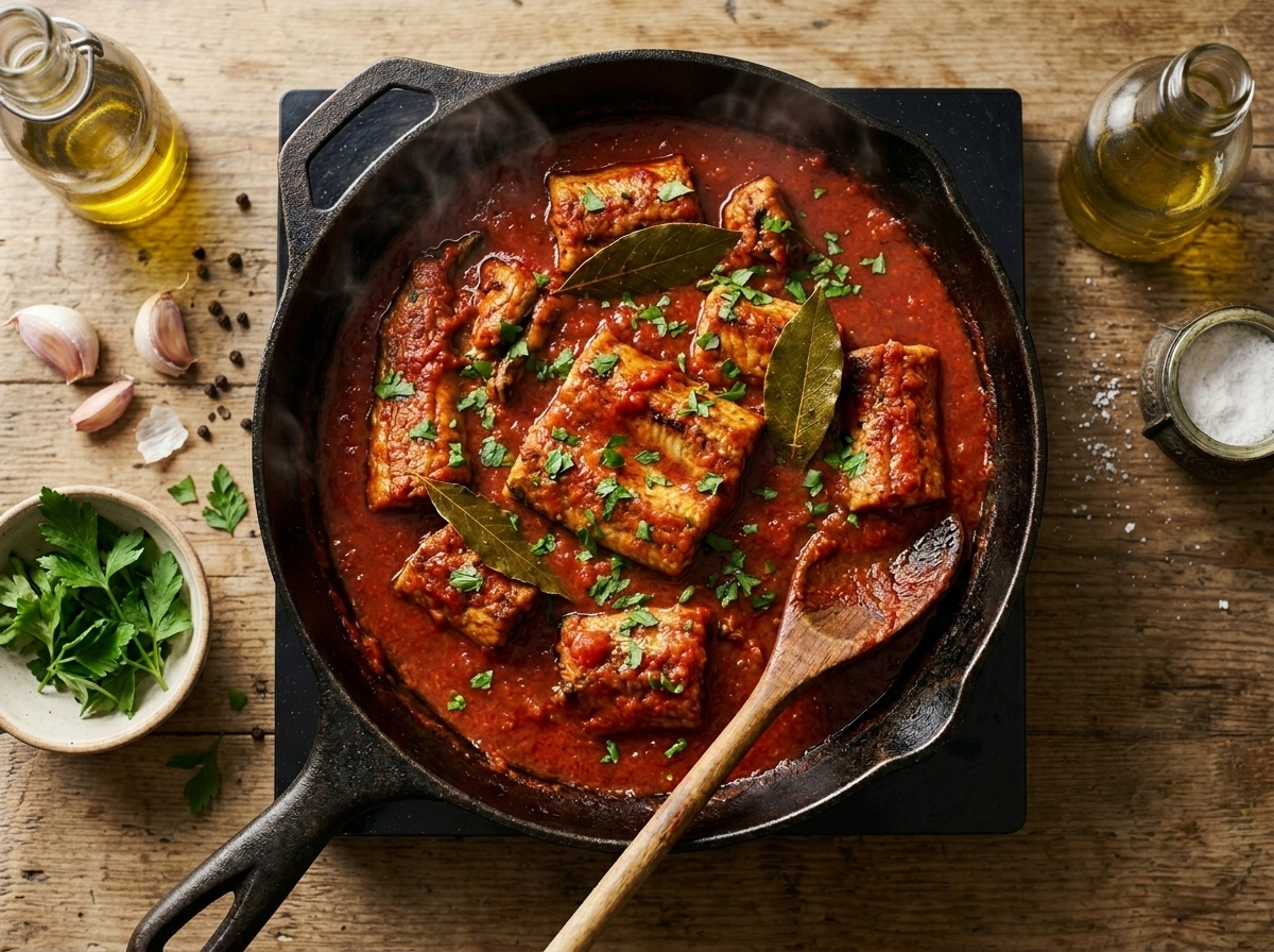 Eel pieces browning in a cast iron skillet with olive oil before the tomato braise begins
