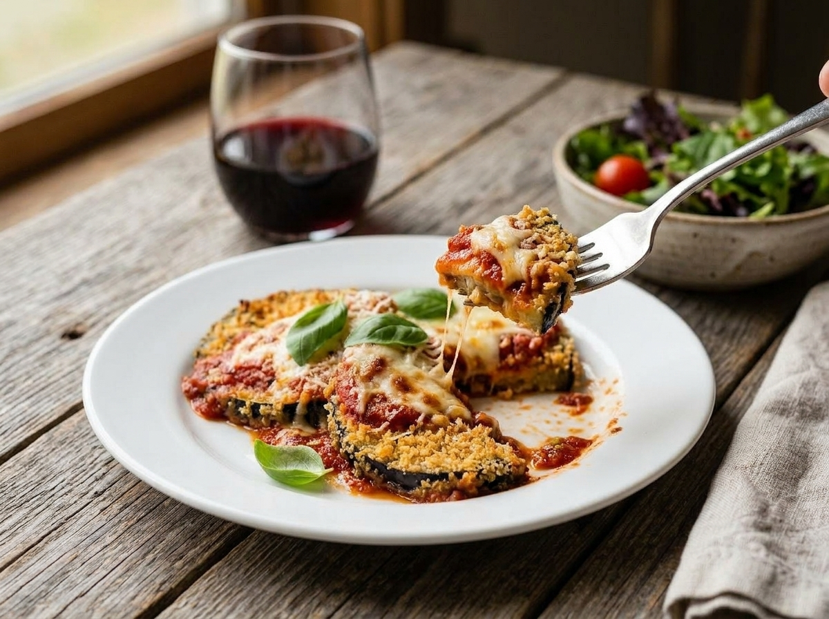 Single serving of healthy baked eggplant parmesan on a white plate with a fork and side salad