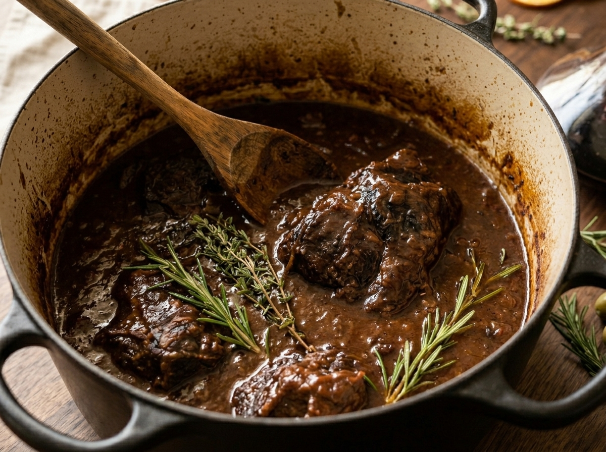 Pouring Barolo into a glass decanter next to a resting braised beef roast in a cast iron pot