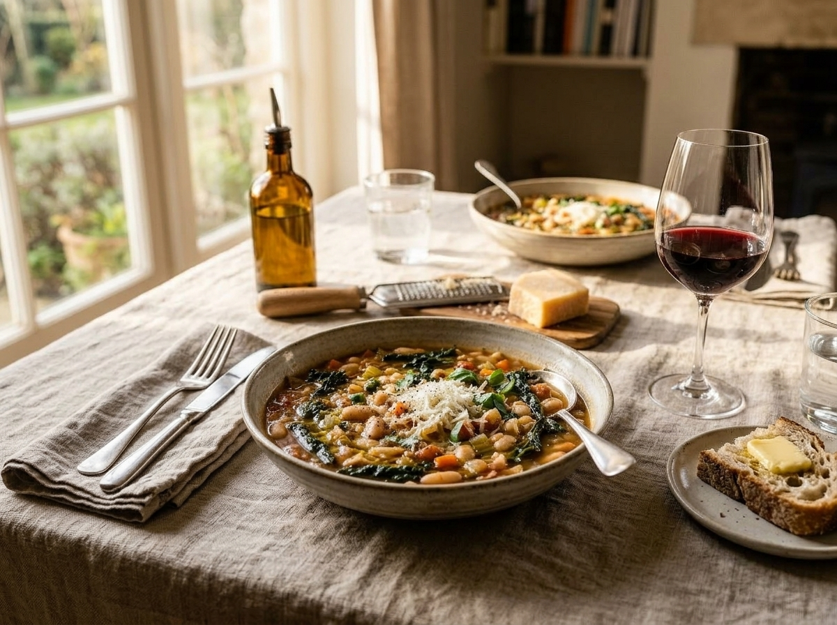 Two bowls of winter minestrone soup on a linen tablecloth with Parmesan and olive oil alongside