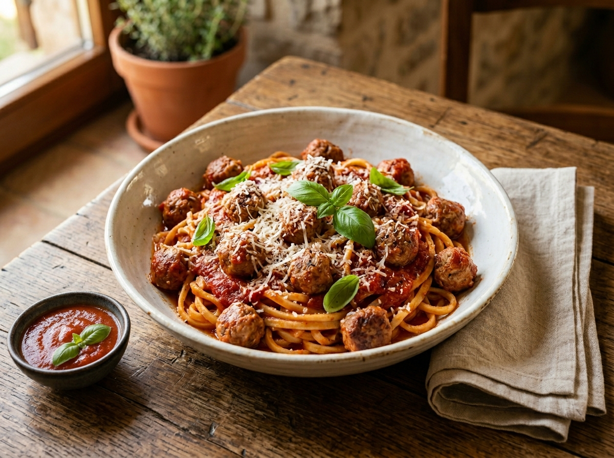 Bowl of maccheroni alla chitarra con pallottine with tomato sugo, Pecorino Romano, and fresh basil on a wooden table