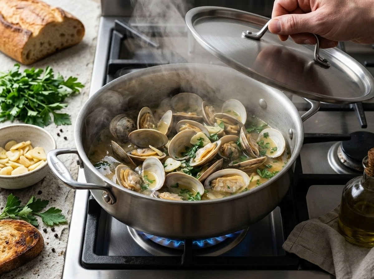 Fresh vongole clams opening in a shallow pot of white wine and garlic broth on a stovetop