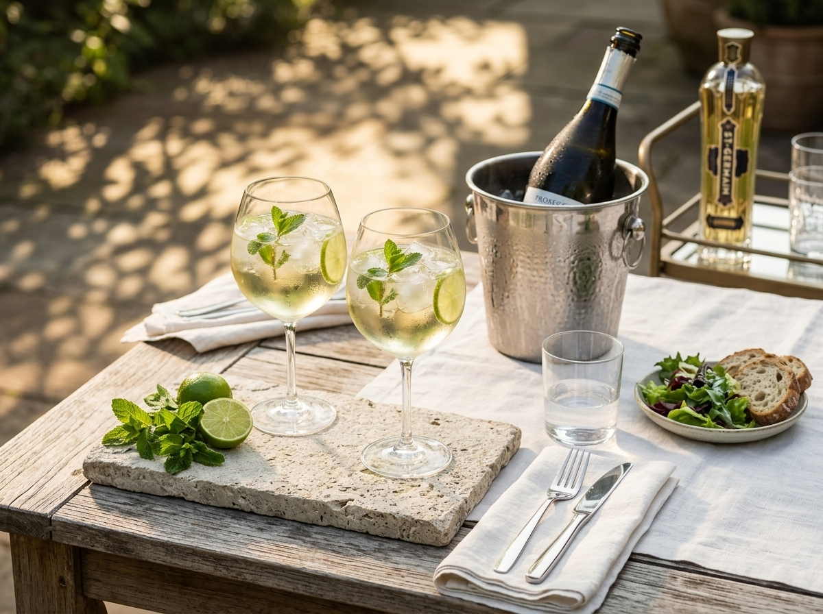 Two Hugo Spritz glasses on a sunny outdoor table with fresh mint and a bottle of Prosecco nearby