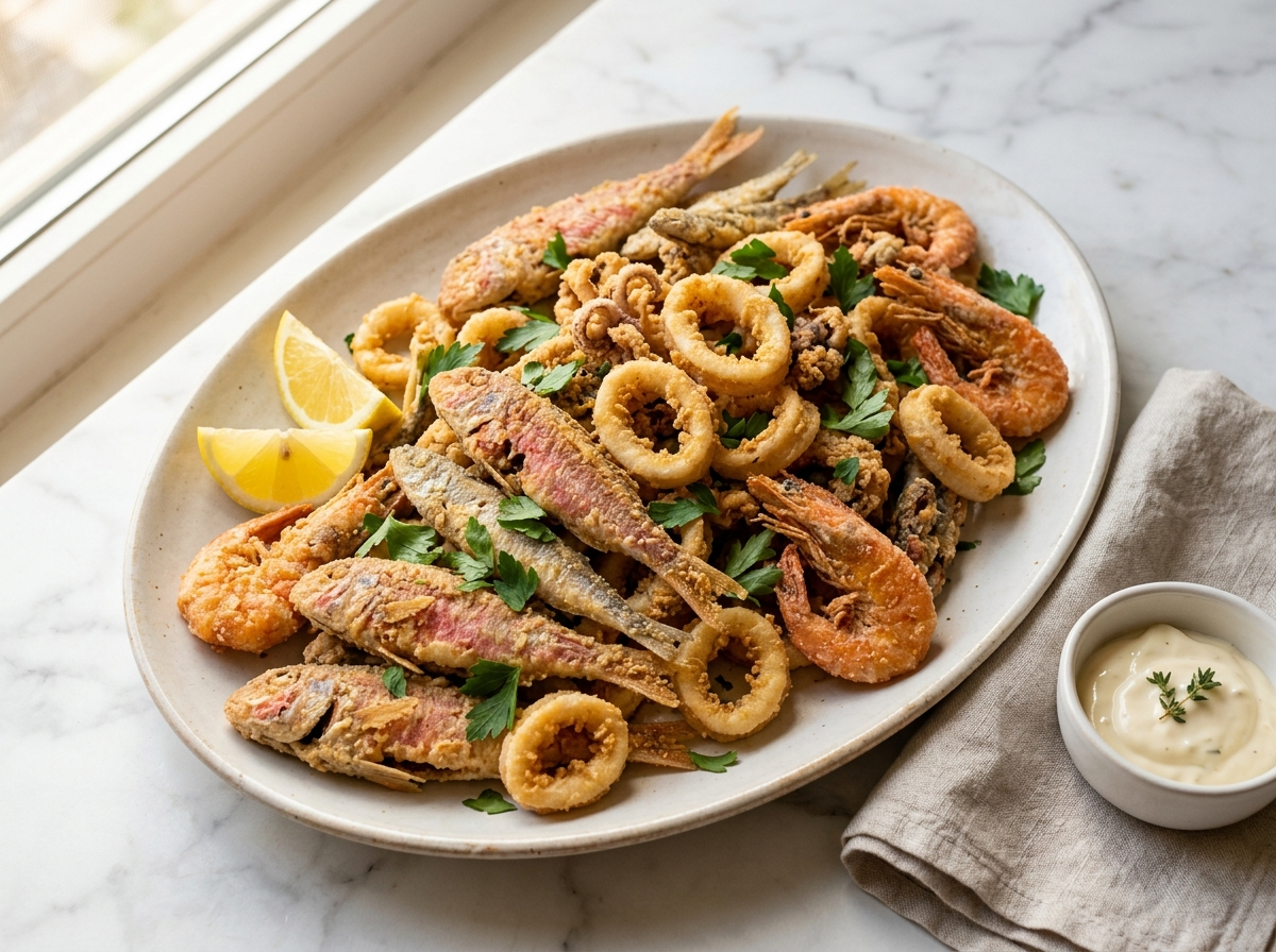 Golden frittura di paranza with whole red mullet, calamari rings, and shell-on shrimp on a white ceramic plate with lemon wedges
