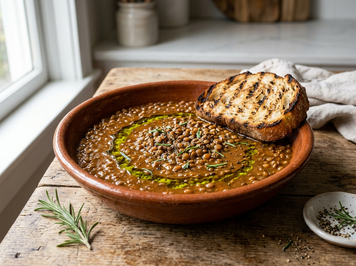 Umbrian lentil stew in a terracotta bowl with olive oil drizzle, rosemary, and grilled country bread on a wooden table
