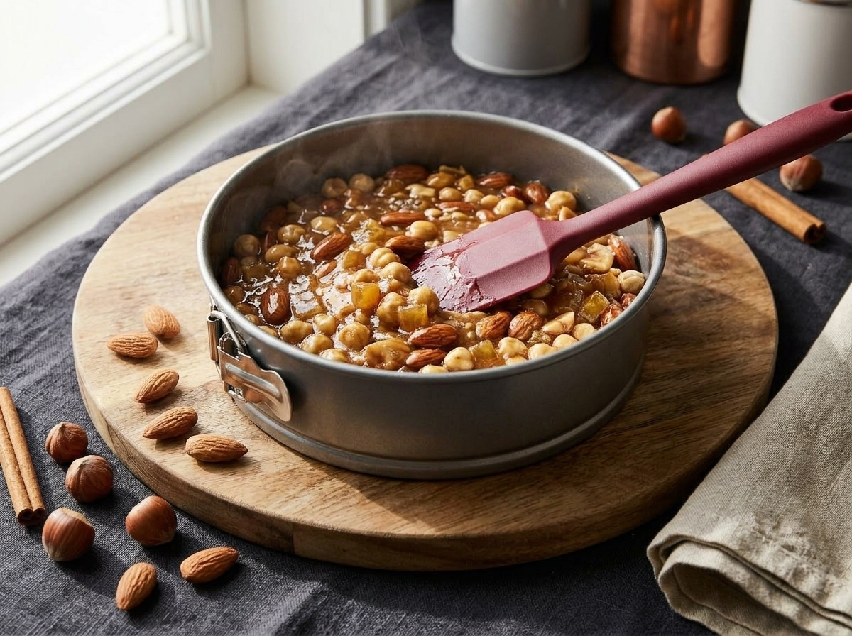 Dense panforte mixture of honey-coated almonds and candied peel being pressed into a round cake tin before baking