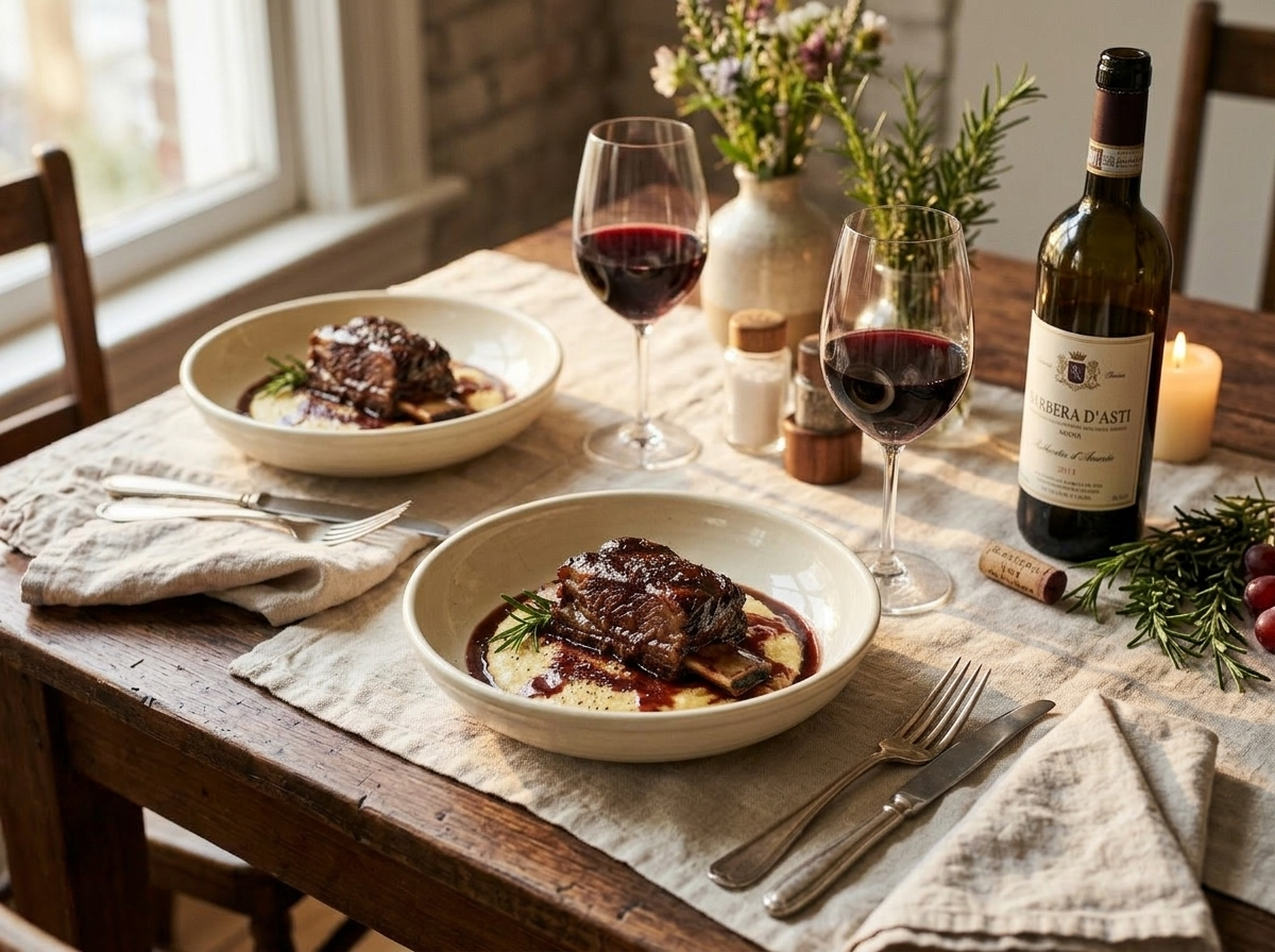 Two bowls of Italian red wine braised short ribs on a linen table with glasses of Barbera d'Asti