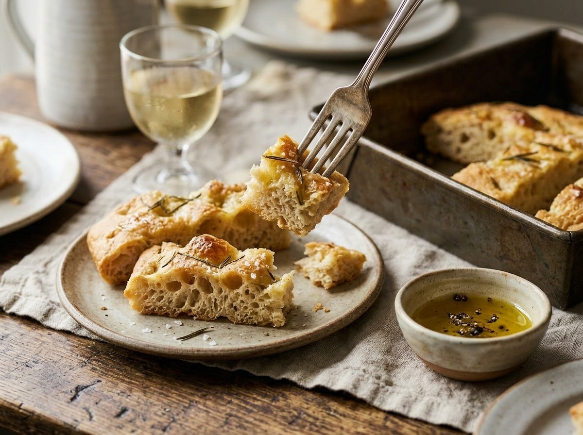 Sliced gluten free focaccia on linen showing chewy crumb, served with a small dish of olive oil
