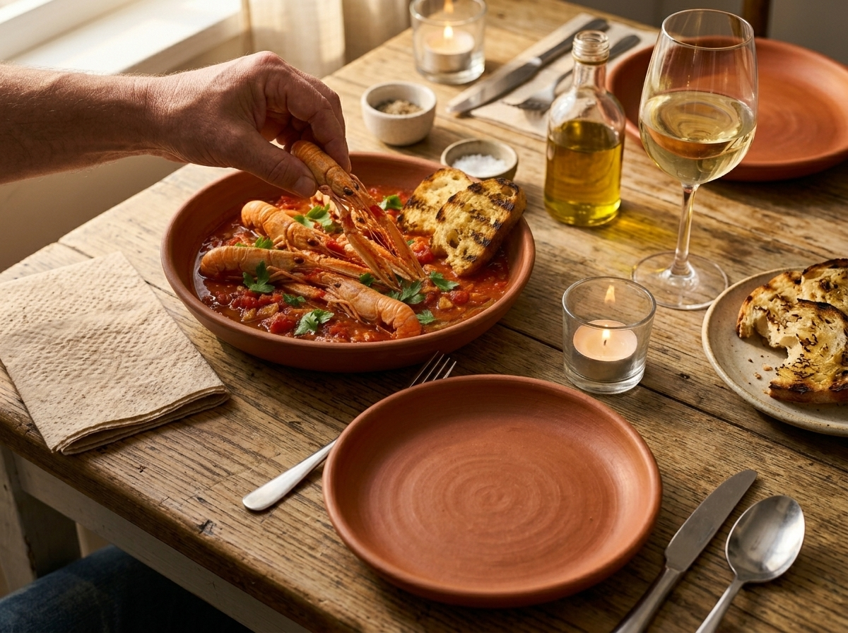 Hands pulling apart a cooked langoustine over a bowl of scampi alla busara sauce at a coastal dining table