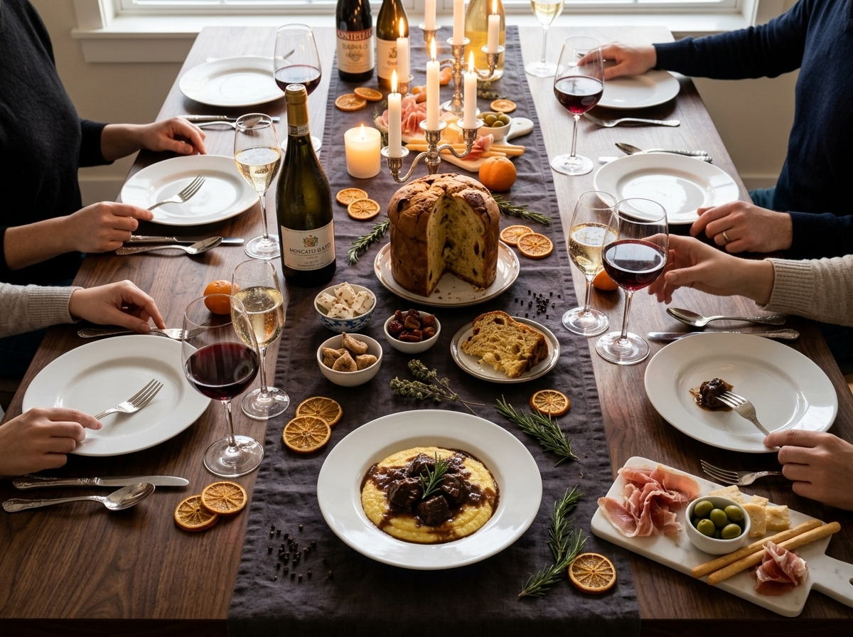 Six guests at a candlelit Italian Christmas dinner with panettone, torrone, and Moscato d'Asti on a linen table