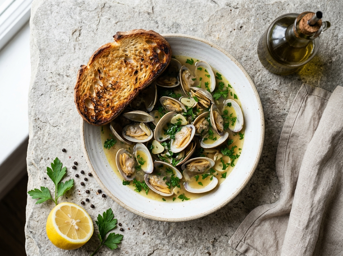 White bowl of zuppa di vongole with open clams in white wine broth, garlic, parsley, and toasted bread on the side
