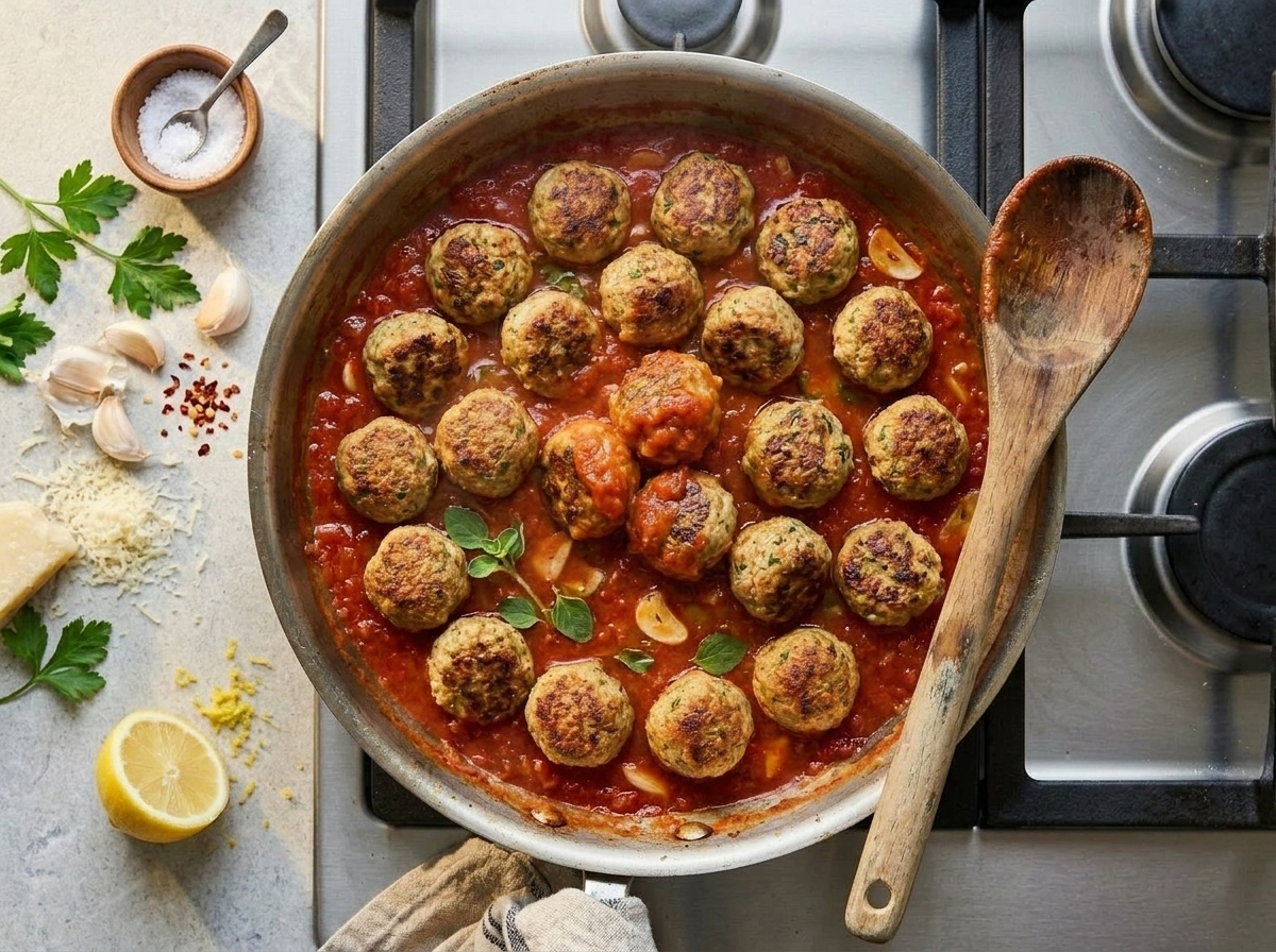 Lean turkey and beef meatballs simmering in passata sauce in a stainless skillet on the stovetop