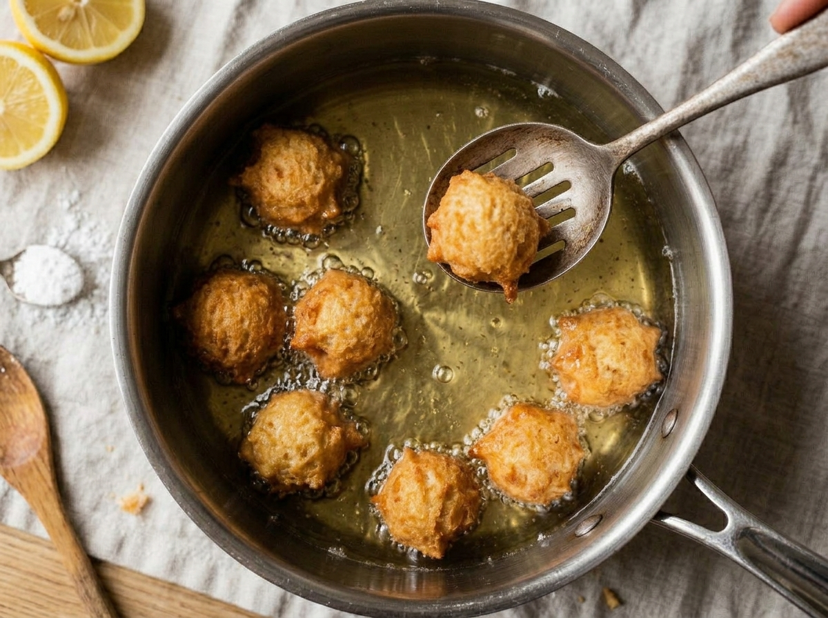 Castagnole dough balls frying in hot oil in a deep saucepan, slotted spoon lifting one golden fritter.
