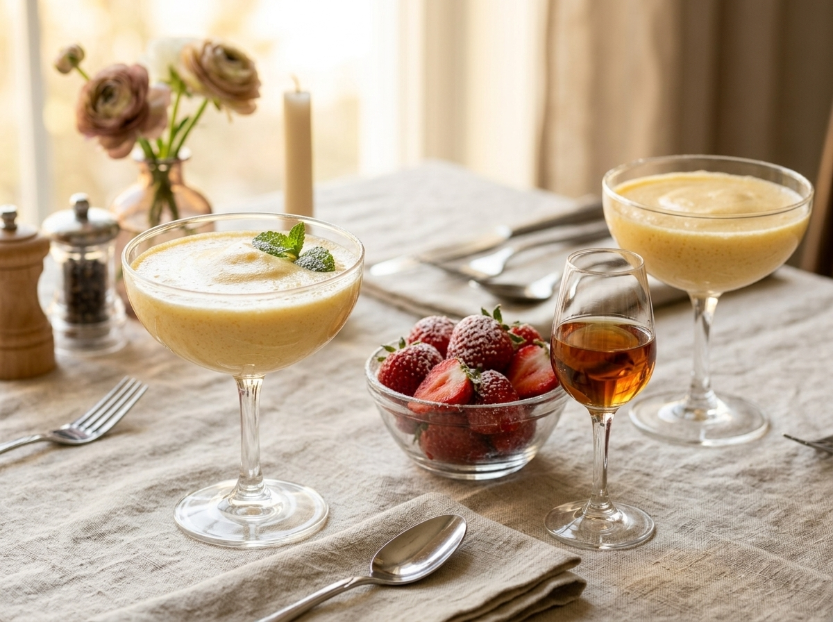 Two glasses of warm zabaglione beside fresh strawberries and a glass of dry Marsala wine on linen