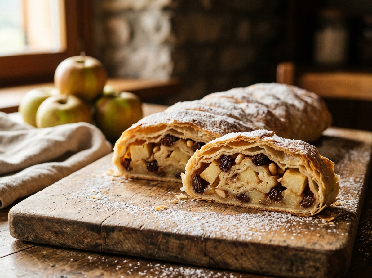 Whole Trentino apple strudel on a wooden board dusted with powdered sugar, sliced to show apple and raisin filling