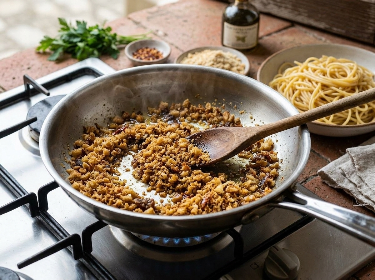 Coarse golden breadcrumbs stirring in a skillet with anchovy-infused olive oil over medium-low heat