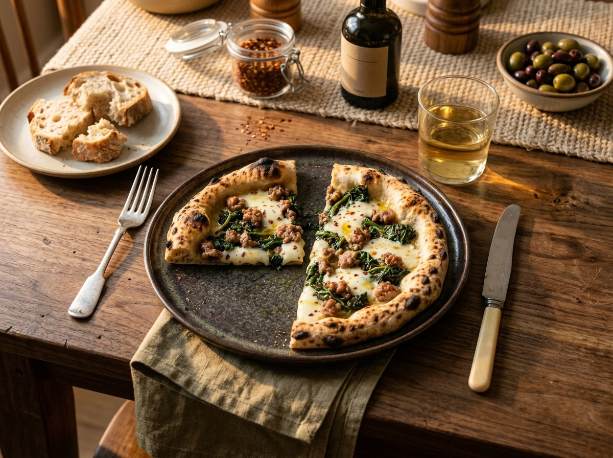 Two slices of Neapolitan sausage and friarielli pizza on a ceramic plate with a glass of white wine