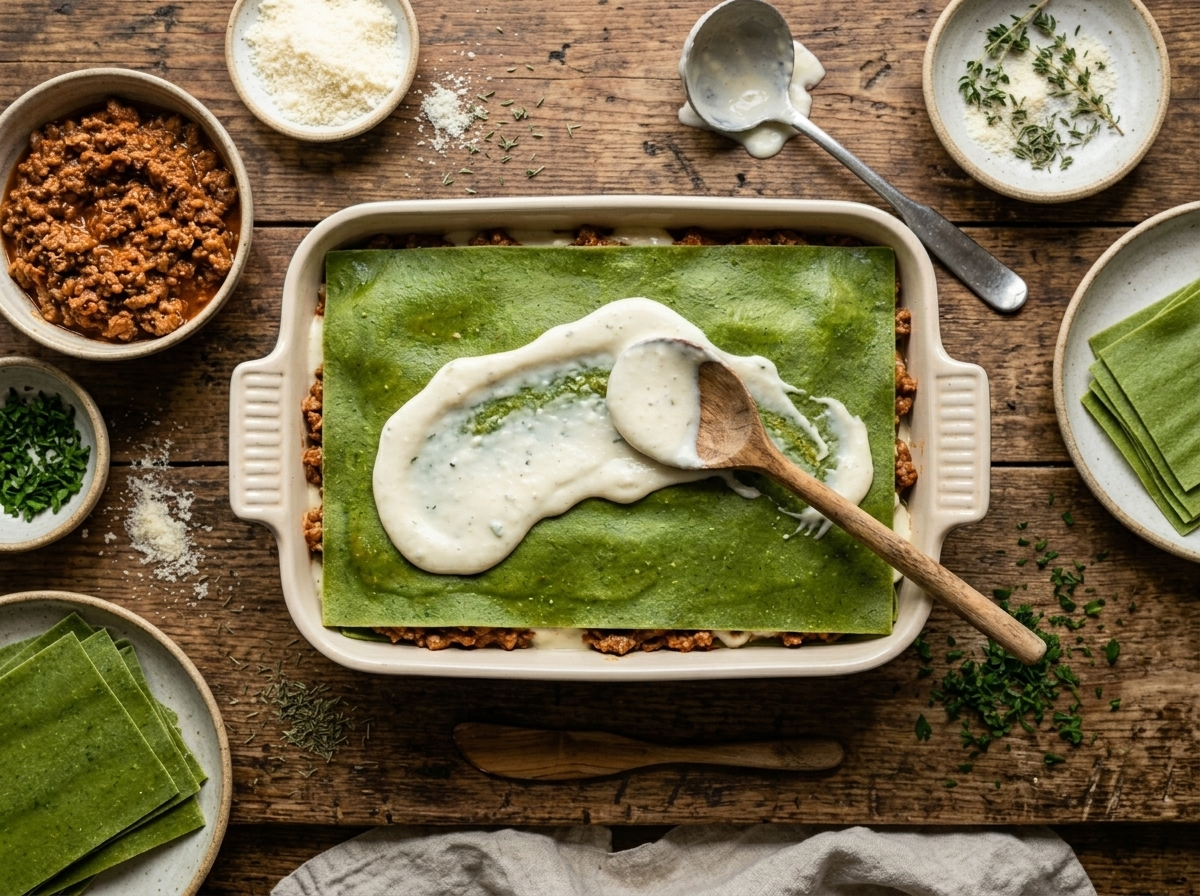 Assembling lasagne verdi in a baking dish, spreading béchamel over green spinach pasta and bolognese ragù layers