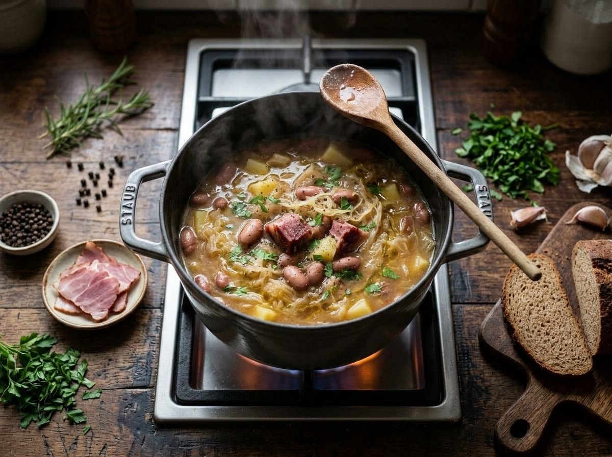 Dutch oven on the stove with sauerkraut, beans, and potato simmering in smoked pork broth for jota soup
