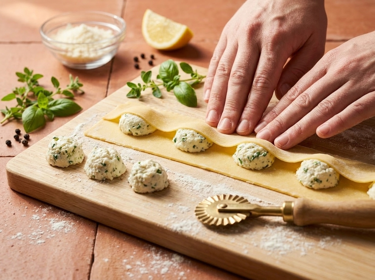 Hands sealing rows of ricotta marjoram ravioli capresi on a floured wooden board ready to cut