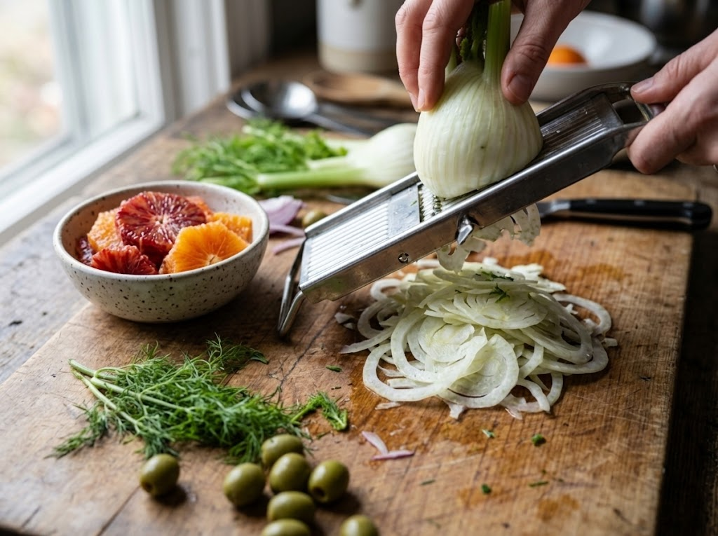 Shaving fennel bulb on a mandoline for Sicilian orange and fennel salad, blood orange segments nearby on a wooden board